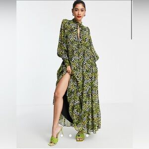ASOS Design Floral Green & Black Tiered Maxi Dress in Ditsy Print size 0